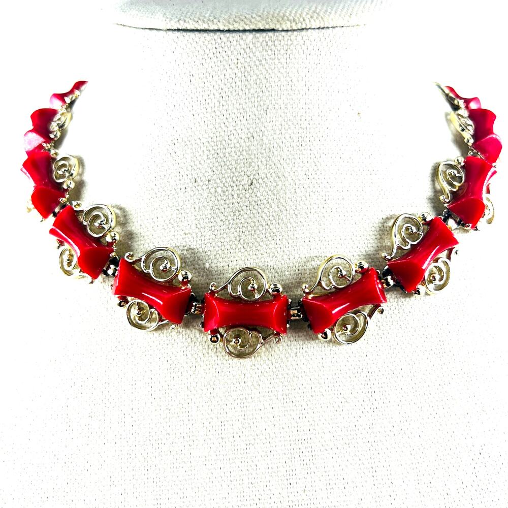 Vintage 90s Thermoset Style Necklace Silver Tone Scroll Statement 50s Revival
